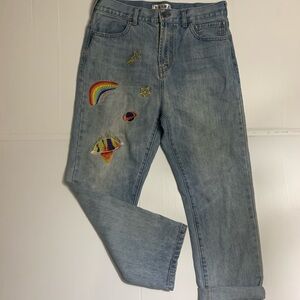 Embroidered light stone wash casual boyfriend style jeans by ACYAG STUDIO. Asian